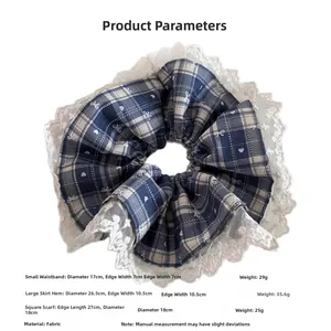 Detailed size guide for blue plaid hair scrunchies with lace trim and bow designs
