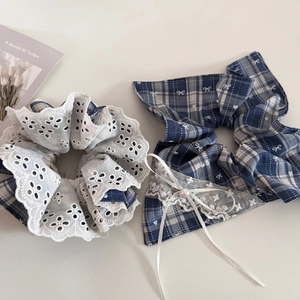 Vintage Blue Plaid Scrunchies With White Lace Edge Heart Bowknot Faux Artificial Pearl Ponytail Holder For Women Sweet Hair Accessories