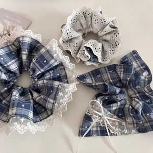 Blue plaid scrunchie set with lace trim, pearl bow pendant and heart prints for girls