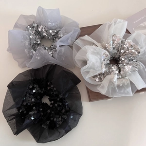 Elegant Organza Sequin Scrunchies For Women Fashion Large Oversized Mesh Ponytail Holder Shiny Pleated Hair Tie Accessories