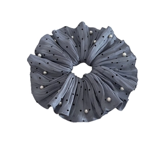 Elegant grey pleated hair scrunchie with black polka dots and white pearls