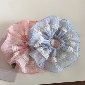 Doux Chouchou en Mesh à Pois avec Dentelle Large Élastique à Cheveux en Tissu Organza Style Coréen Bandeau Plissé pour Femme Accessoires Cheveux Été