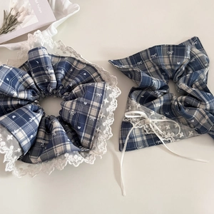 Vintage blue plaid scrunchie set with white lace trim and delicate pearl bow charms