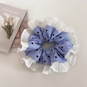Chic blue striped scrunchie with black heart prints and delicate white mesh pleats