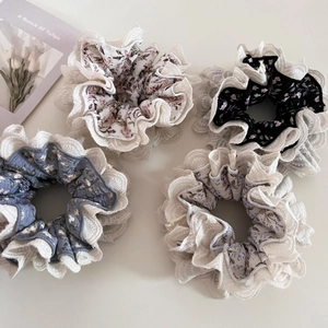 Floral lace scrunchie set in black, white, blue and lilac with double-layer mesh trim