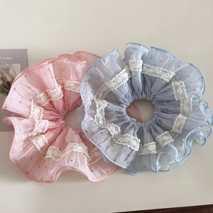 Chouchous en dentelle à pois rose et bleu en mousseline à volants pour queue-de-cheval