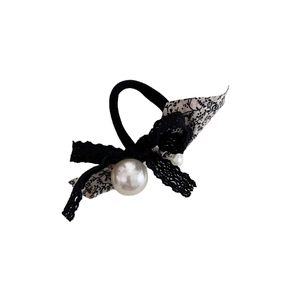 Elegant floral lace bow hair scrunchie with large white pearl detail for ponytails