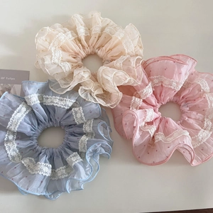 Lot de 3 chouchous en organza à pois et dentelle, couleurs bleu, rose et beige clair
