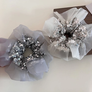 Elegant organza scrunchies with silver sequins in grey and white for stylish hair styling