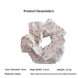 Polka dot oversized scrunchie showing 15cm diameter and 5.5cm width dimensions