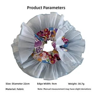 Detail showing dimensions of the 22cm floral organza scrunchie with blue mesh layers