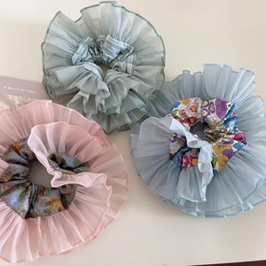 Large Double Layer Organza Floral Scrunchie Forest Style Hair Tie High Elastic Ruffle Hair Accessories For Women Girls