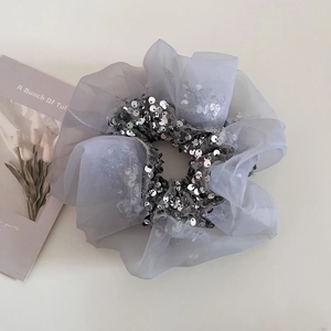 Elegant oversized grey organza scrunchie with silver sequins and stylish pleats
