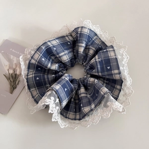 Vintage blue checkered scrunchie with white lace trim and heart pattern prints