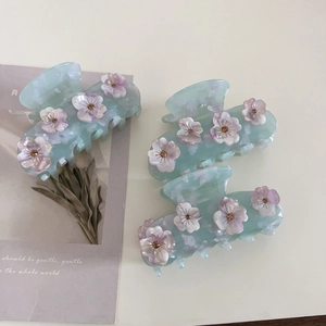 Pinza per Capelli a Forma di Fiore in Acetato Blu Ghiaccio Stile Francese Elegante Pinza Shark con Strass per Donna