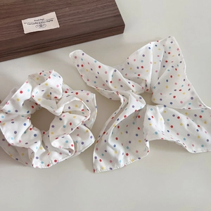 Polka dot scrunchie set with bow ribbon in sweet Korean style for women hair styling