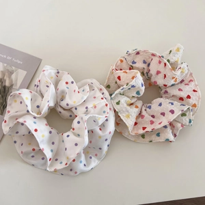 Polka dot and colorful heart seersucker scrunchies set for Korean style hair styling