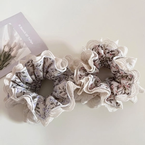 Floral print lace scrunchie set in purple and pink for elegant hair styling