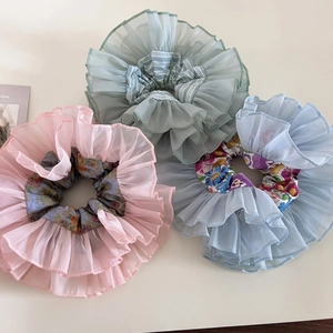 Floral double-layer organza scrunchies in pink, green, and blue for elegant hair styling