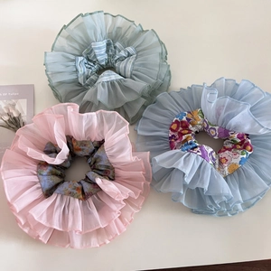Three-piece set of large double-layer organza floral hair scrunchies in pastel colors