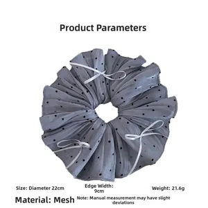Detailed parameter chart for grey polka dot organza scrunchie with white bows
