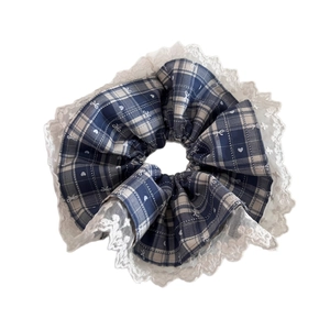 Vintage blue checkered scrunchie with white lace trim and heart bow patterns