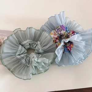 Floral double-layer organza scrunchies in green stripes and purple flower patterns
