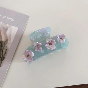 Pinza per capelli in acetato blu ghiaccio con fiori di strass viola per acconciature