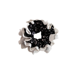 Floral print hair scrunchie with double-layer lace trim for women hair styling