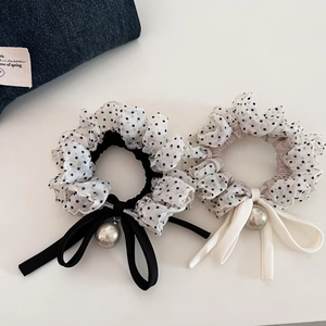 Vintage polka dot mesh scrunchie set with silk bows and elegant pearl charms