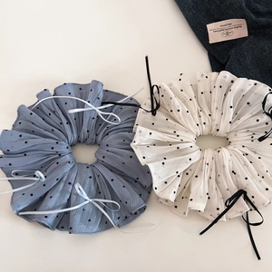 Elegant beige and light blue polka dot oversized scrunchies with chic ribbon bows