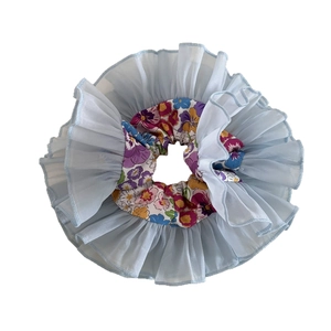 Blue organza floral scrunchie with layered double-layer chiffon and vibrant flower patterns