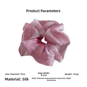 Detail of pink and white ink-wash sheer fabric scrunchie with 19cm diameter size info