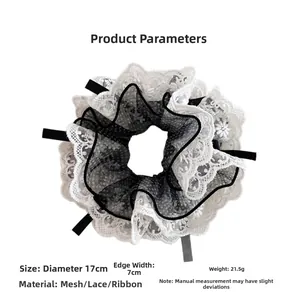 Detail showing 17cm four-layer polka dot lace scrunchie dimensions and embroidery texture
