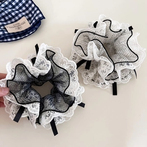 French Vintage Lace Bow Scrunchies For Women Polka Dot Mesh Large Hair Band Fabric Floral Embroidery Hair Ties Accessories
