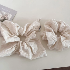 Beige cotton linen scrunchie set with white floral embroidery and long ribbon bow