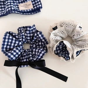 Navy Blue Gingham Plaid Scrunchies With Bow Ribbon Lace Retro Korean Style Sweet Fabric Hair Ties For Women Accessories