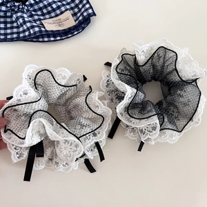 French retro four-layer lace polka dot bow hair scrunchies set for elegant styling