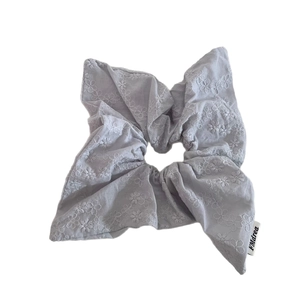 Korean style cotton linen scrunchie with grey floral embroidery for elegant hairstyles