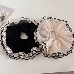 Elegant French double-layer lace scrunchies in black and beige chiffon for low ponytails