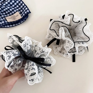 Elegant four-layer white lace polka dot bow scrunchie with vintage French style floral patterns