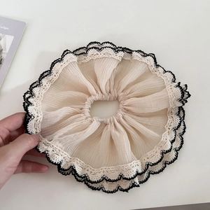 Elegant French style beige double-layered lace mesh scrunchie for low ponytail hairstyles