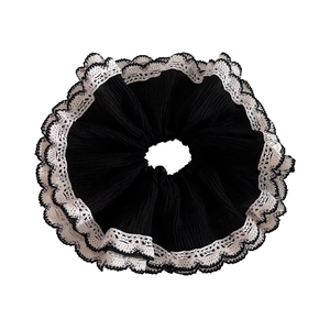 French style double-layered black mesh scrunchie with elegant white lace trim for hair
