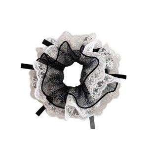 French vintage four-layer lace polka dot bow scrunchie in black and white finish