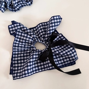 Blue gingham check pet collar with black satin bow and subtle heart patterns