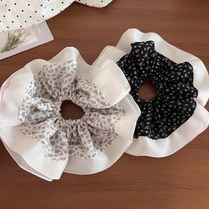 Set of black and white Paisley print oversized hair scrunchies with elegant ruffled edges