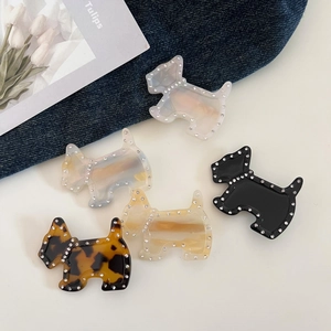 Pince à Cheveux de Luxe en Acétate Forme de Chien Terrier Écossais Avec Bord en Strass Clip Bec de Canard Mode Femme