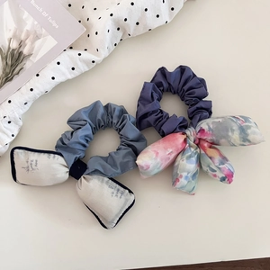 Sweet Korean Style Ink Oil Painting Floral Bow Scrunchies Fabric Cotton Filled Hair Tie Elegant Ponytail Holder Women