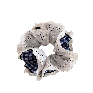 French style scrunchie with navy gingham fabric and elegant white floral lace details