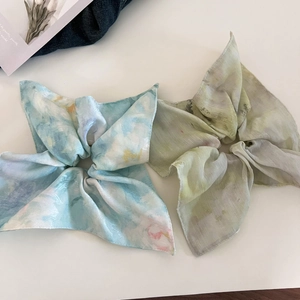Elegant Chinese style ink wash scrunchies with bow tie design in blue and green hues